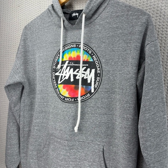 Vintage Stussy Hoodie Mens S Grey Logo Roots Reggae Surf Tie Dye Pullover Y2K - Picture 4 of 7